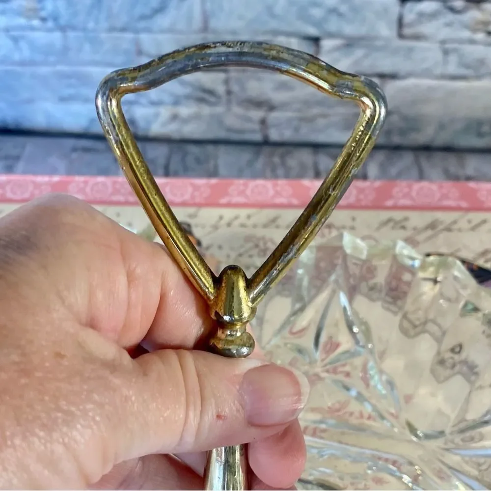 Glass Candy Dish Vtg Cut Glass Serving Dish Metal Handle Heavy Vintage Glassware